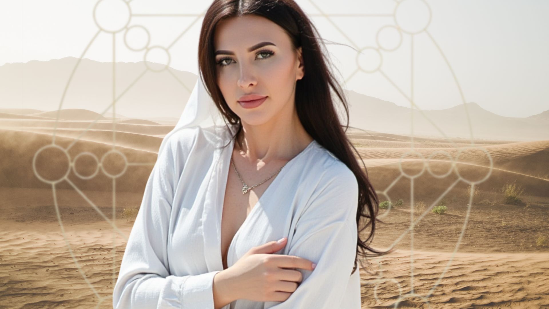 Anastasia in der Wüste bei Sonnenuntergang